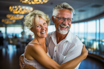 Senior couple participating in a fun and energetic dance class on the cruise ship's deck - obrazy, fototapety, plakaty