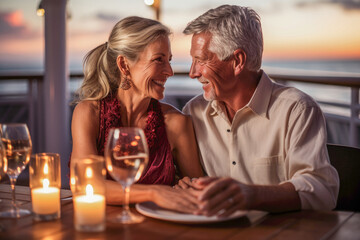 Senior couple enjoying a romantic candlelit dinner on the cruise ship's deck, with the breathtaking sunset over the horizon - obrazy, fototapety, plakaty