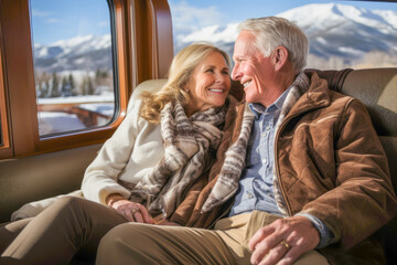 Elegant senior couple relaxes on their cruise shipbalcony, gazing at breathtaking glaciers, savoring luxury on an unforgettable Scandinavian cruise
