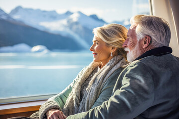 Senior couple enjoying a view from their luxurious cruise suite, admiring the majestic glaciers during an Alaskan cruise - obrazy, fototapety, plakaty