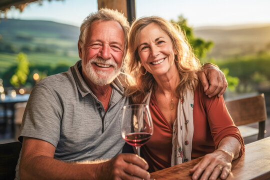 Senior couple immerses in a delightful wine tasting at a scenic vineyard, embracing the beauty of a lush vine region
