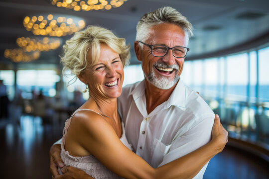 Senior couple participating in a fun and energetic dance class on the cruise ship's deck