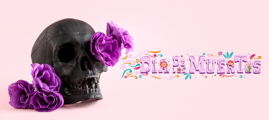 Banner for Mexico's Day of the Dead (El Dia de Muertos) with human skull and flowers