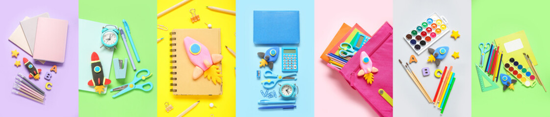 Group of school supplies with plasticine rockets on color background