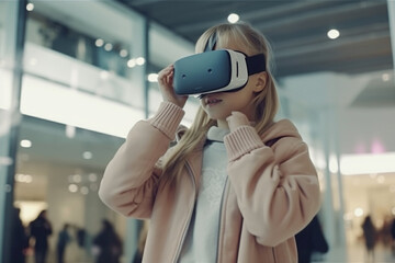 Fototapeta na wymiar Teenager girl watching and wearing virtual reality goggles in mall. Adult looking in VR glasses experiencing 3D gadget technology. Simulator glasses, another reality concept. Generative AI Technology.
