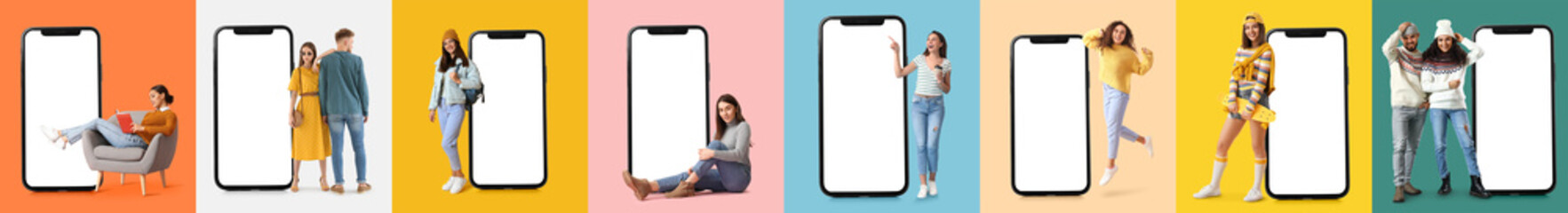 Set of stylish people with big mobile phones on color background - obrazy, fototapety, plakaty