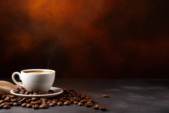 Steaming Hot White Cup of Coffee on Dark Textured Surface with Black and Orange Moody Background Surrounded by Coffee Beans with Empty Space Generative AI © illuminating images