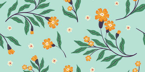 Obraz premium Seamless floral pattern, decorative flower print with retro motif. Cute botanical design, pretty ornament: small hand drawn flowers, large leaves, branches on a blue background. Vector illustration.