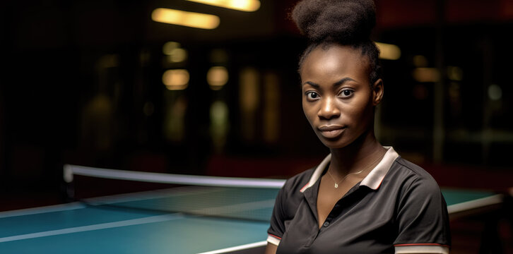 Young african american woman standing next to ping pong table. Generative AI