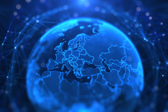 Blue holographic globe with nodes connected around earth. Concept of global network connection, communication technology, fintech, data exchange, worldwide exchange of information and online banking.