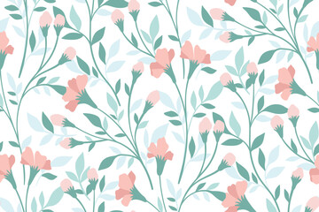 Seamless floral pattern, delicate flower print with wild plants. Romantic botanical design in light colors: small hand drawn flowers, long stems, leaves on a white background. Vector illustration.