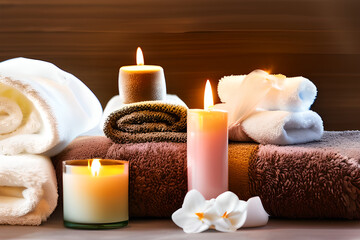composition of spa candles and towels with rustic wooden background