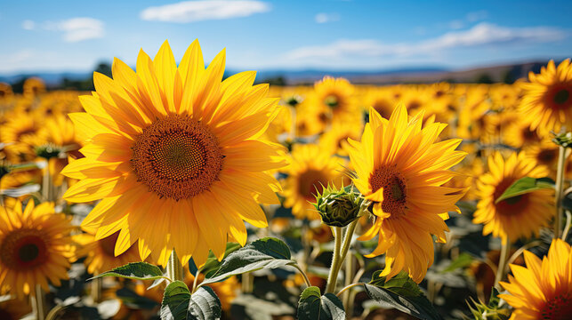 Sunflowers in a field in summer. Generative AI
