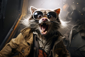 Portrait of cool hipster racoon in sunglasses in brown stylish leather jacket running somewhere with scream of joy. Good for advertising banner or children's book or game cover