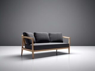 Simple and comfortable Scandinavian-style sofa couch with soft cushions and pillows on a blank grey background.