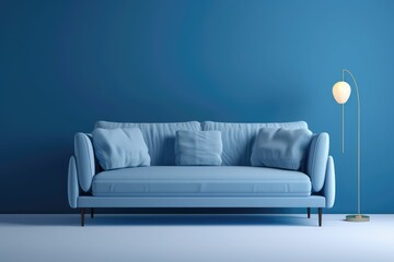 Soft blue sofa on blue background 3D illustration