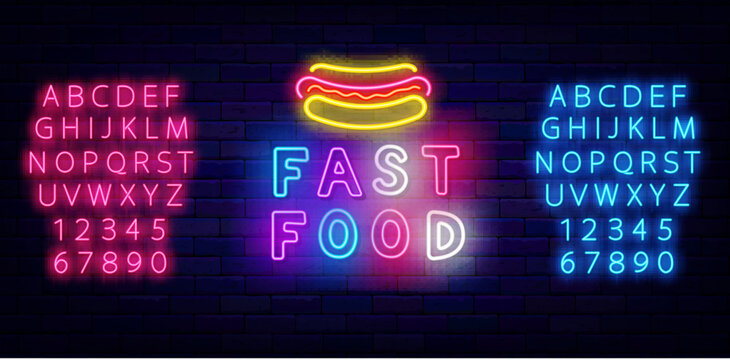 Fast food neon label. Hot dog icon. Street eating logotype. Shiny blue and pink alphabet. Vector stock illustration