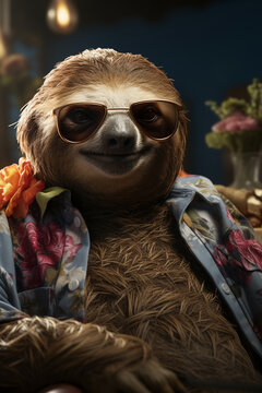 Vacation rest in hot country beach concept. Relaxed, funny sloth sluggard in sunglasses at seaside resort and wear Hawaiian shirt lounging at exotic bar with fruity cocktail. Generative AI
