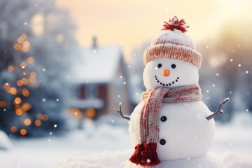 Happy Snowman as a symbol of Christmas and New Year holidays in the beautiful light of sunset or dawn