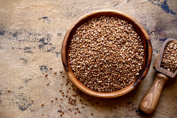 Raw organic buckwheat. Top view with copy space.