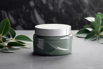 Jar of face cream with eucalyptus leavesle table