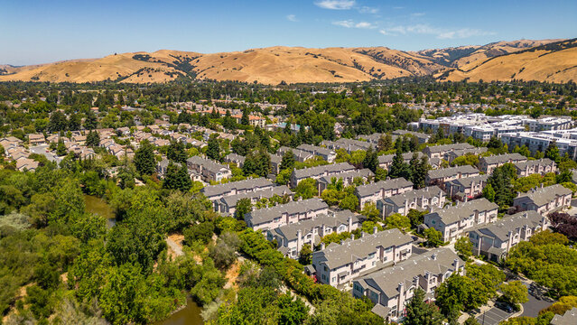 Aerial images over residential and commercial real estate in Fremont, California. Great for real estate marketing and advertising