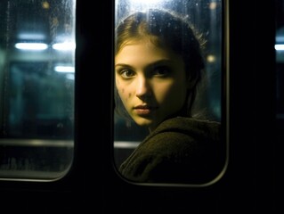 train windows outside at night with a young woman's face behind the glass. Generated by ai