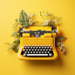Yellow typewriter with flowers on yellow background. Inspiration for writing concept. AI Generated. - obrazy, fototapety, plakaty