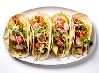 Mexican tacos with chicken and vegetables on wooden board, closeup