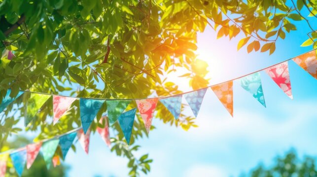 Colorful pennant string decorations in green tree leaves on blue sky. Generated by ai