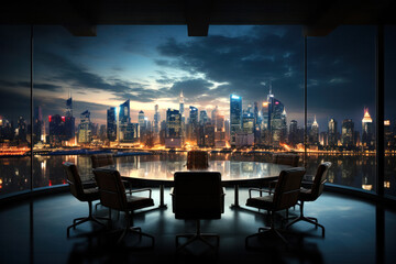 An empty boardroom in an office with a great view of a big city at night.