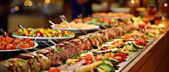 People group eating buffet food indoor in restaurant with meat colorful fruits and vegetables. Generated by ai