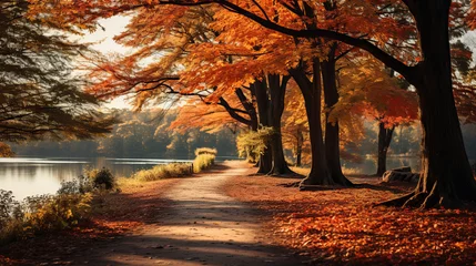 Foto op Canvas autumn season landscape in park, view of yellow trees alley background © zamuruev
