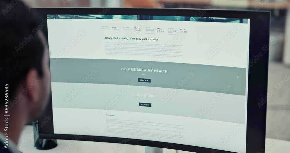 Poster Computer screen, man and stock market with investing, trading and learning with information tech, data analysis and investor. Pc, person and trader with stats, profit growth and finance with research