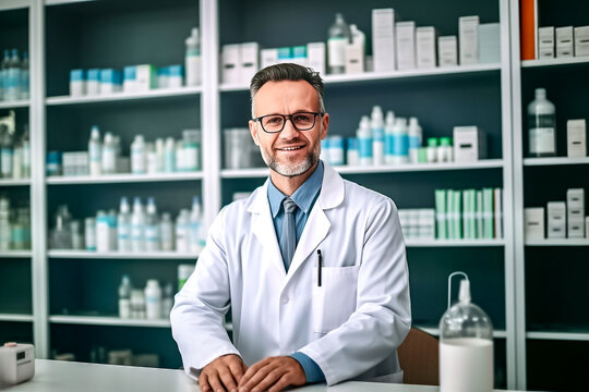 Pharmacien souriant, portant des lunettes et une blouse blanche, dans sa pharmacie - Générative IA