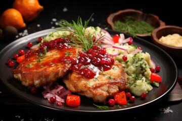A plate of mashed potatoes topped with kotlet schabowy and cranberry sauce. - obrazy, fototapety, plakaty