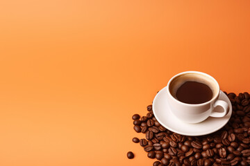 Obraz premium White Cup of Coffee Surrounded by Brown Coffee Beans on Orange Background