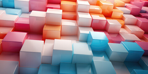 Flat colored blocks, fluorescent blue, pink, yellow, white, pop style. Geometrical abstract wallpaper. 3d render illustration style.