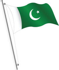 Vector of waving flag of Pakistan on the metal flagpole, national flag waving on isolated white background, Pak flag