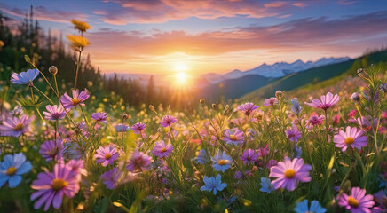 Obraz premium Vibrant Sunset over Idyllic Meadow with Wildflowers