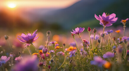 Fototapeta na wymiar Vibrant Sunset over Idyllic Meadow with Wildflowers