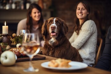 Fototapeta na wymiar a dog is sitting at a table with people, food on the table, a home party