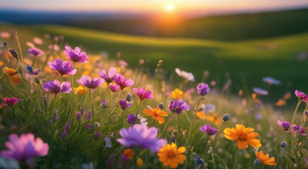 Fototapeta premium Vibrant Sunset over Idyllic Meadow with Wildflowers