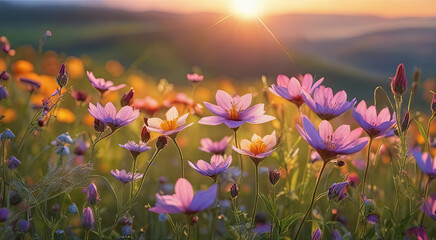 Vibrant Sunset over Idyllic Meadow with Wildflowers