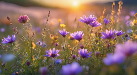 Obraz na płótnie Canvas Vibrant Sunset over Idyllic Meadow with Wildflowers