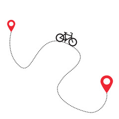Icono de una bicicleta con punto de salida y llegada. Vista superior y de cerca. Vector. Concepto: Ruta y destino