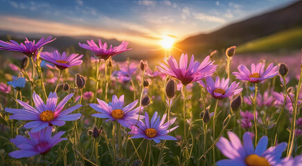 Fototapeta premium Vibrant Sunset over Idyllic Meadow with Wildflowers
