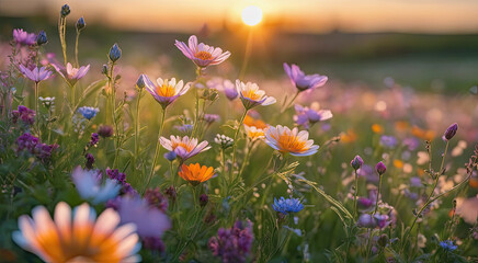 Vibrant Sunset over Idyllic Meadow with Wildflowers