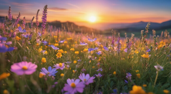 Vibrant Sunset over Idyllic Meadow with Wildflowers