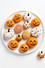Halloween concept. scary food. mini pumpkins and monster-shaped cookies. on white background. Top-down view.